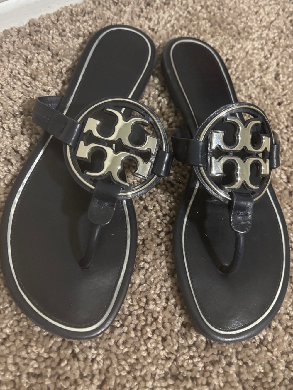Tory Burch Navy Leather Logo Thong Sandals with Gold Medallion